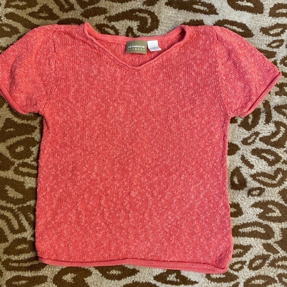 Liz Claiborne Linen blend knit sweater top Women’s Boxy V neck coral Beach L
